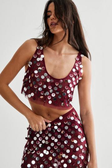 Mesh Embellished Sheer Crop Top wine