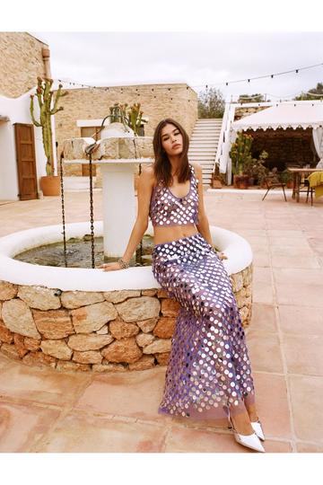 Mesh Embellished Sheer Maxi Skirt blue