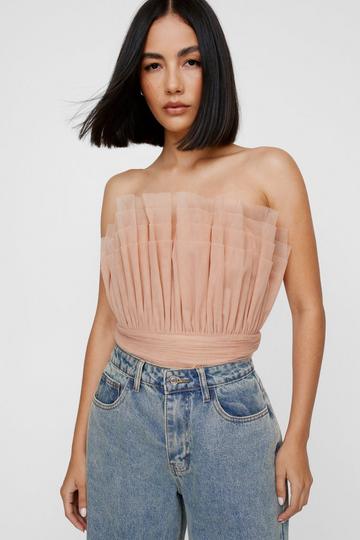 Pleated Tulle Bandeau Bodysuit nude