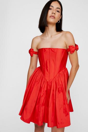 Red Bow Strap Corset Taffeta Mini Dress