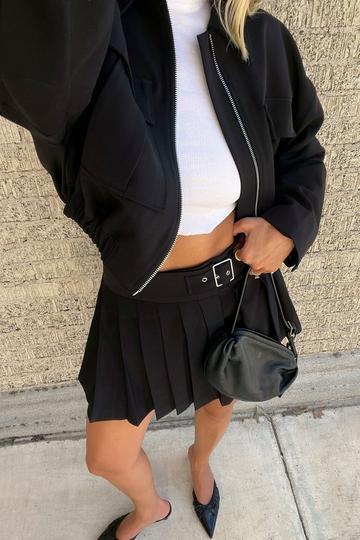 Black Tailored Buckle Pleated Mini Skirt