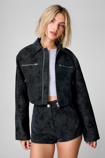 Distressed Faux Leather Trucker Jacket black