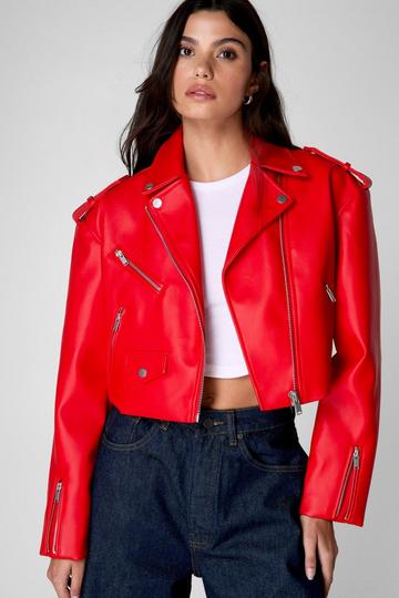 Red Essentials Cropped Faux Leather Boxy Biker