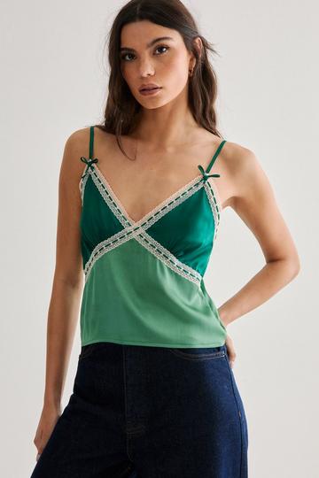 Ribbon Trim Satin Cami Top green