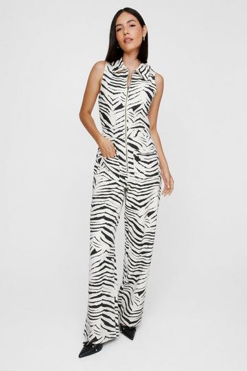 Denim Zebra Print Racer Neck Jumpsuit mono