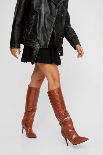 Faux Leather Croc Pointed Toe Knee High Boot brown