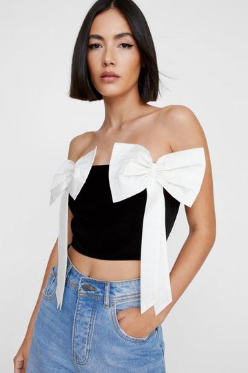 Black Contrast Bow Detail Velvet Top