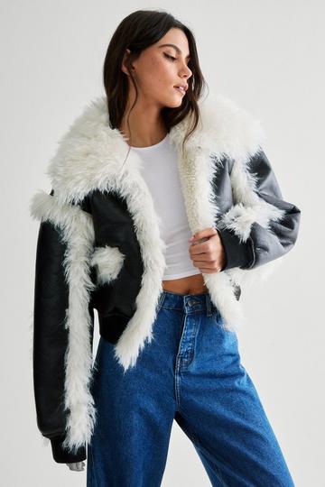 Black Plush Fur Crop Aviator Jacket