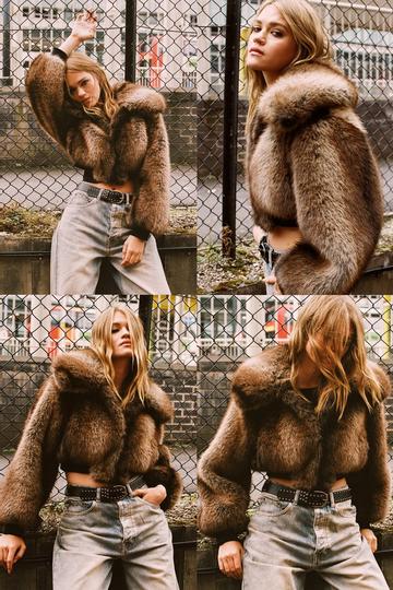 Brown Premium Tipped Natural Faux Fur Bomber