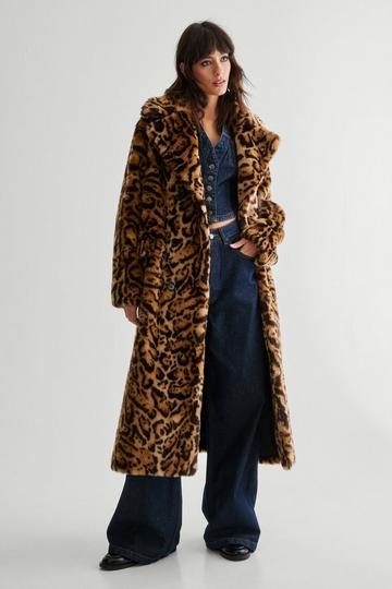 Leopard Faux Fur Maxi Coat neutral