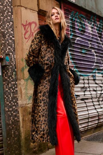 Leopard Faux Fur Longline Coat brown