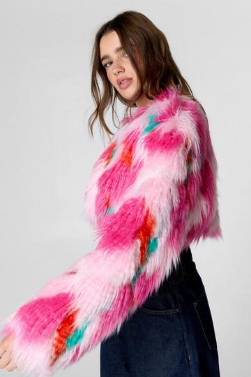 Premium Patchwork Faux Fur Cropped Coat pink