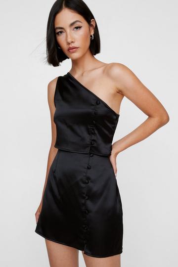 Satin Button Detail One Shoulder Crop Top black