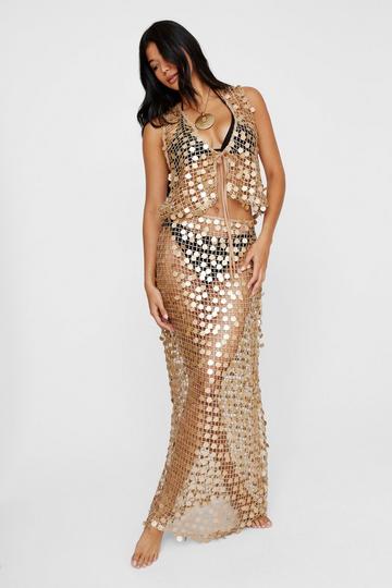 Gold Metallic Sequin Crochet Maxi Beach Skirt