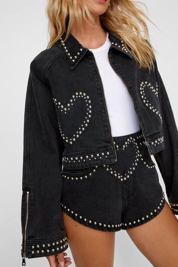 Heart Studded Cropped Denim Jacket washed black