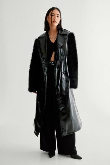 Black Premium Vinyl Fur Trim Coat