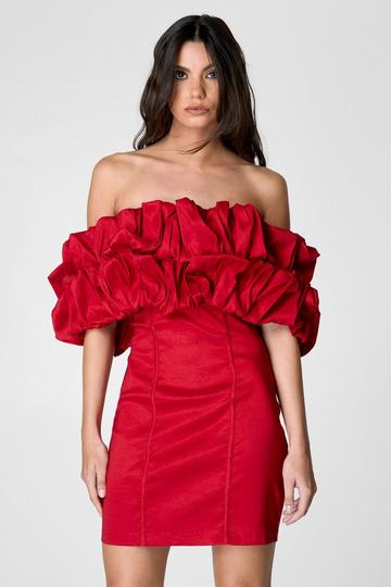 Taffeta Ruched Bardot Mini Dress dark red