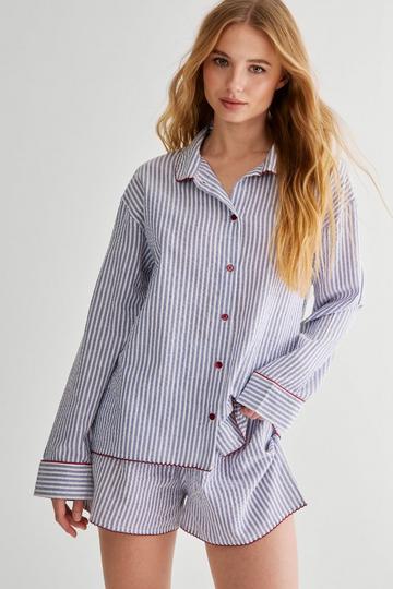 Blue Seersucker Stripe Contrast Piped Pajama Short Set