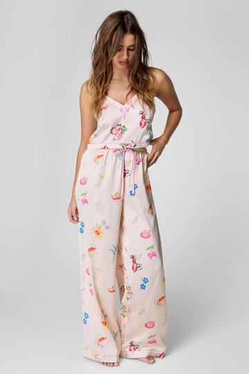 Ecru White Satin Conversational Print Cami And Pants Pajama Set