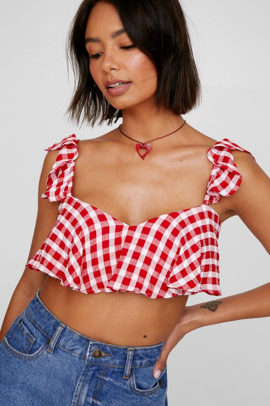 Red Gingham Frill Crop Top