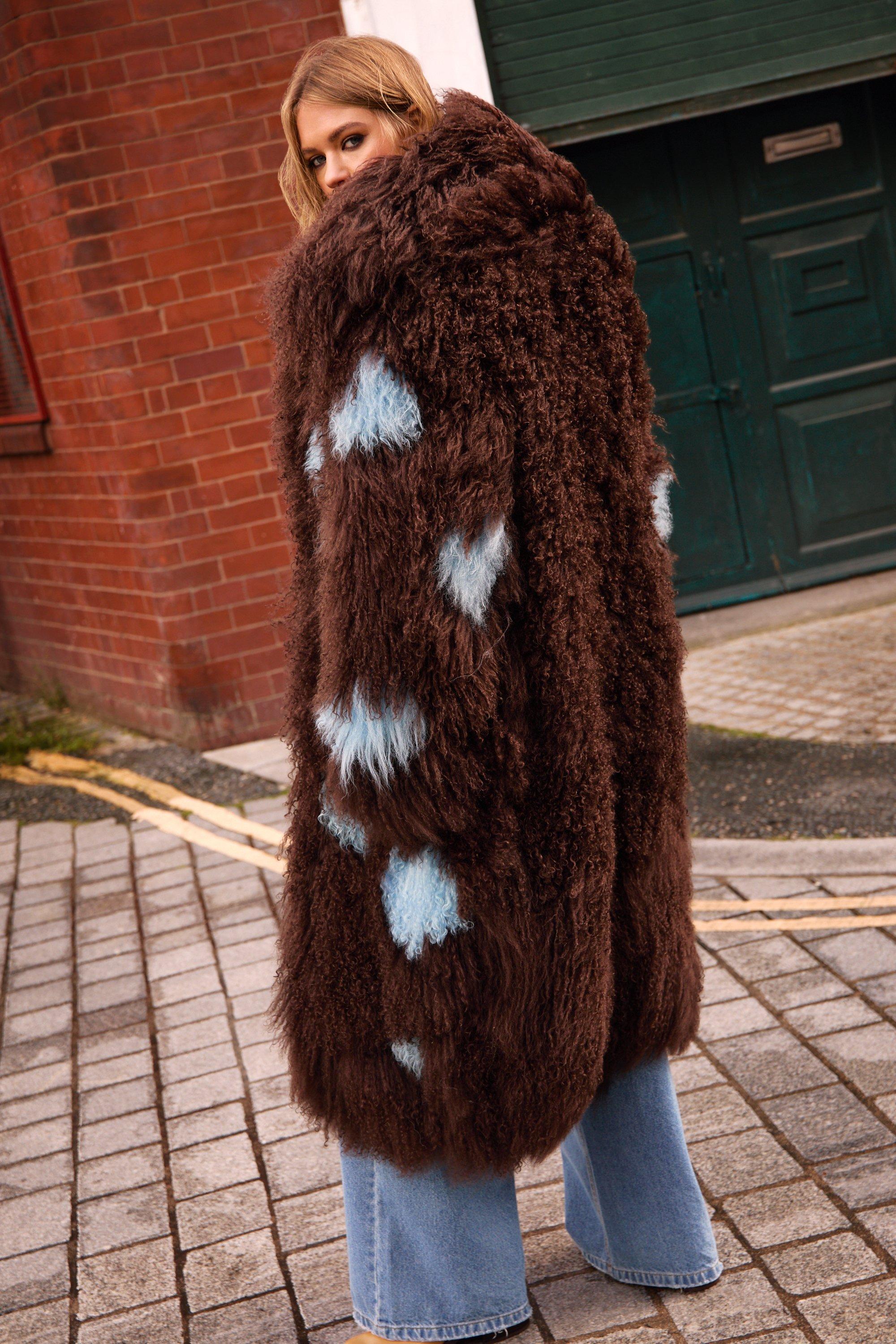 Faux shearling patchwork shops coat