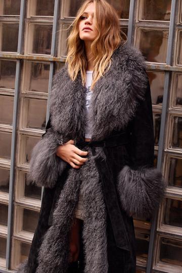 Black Maxi Suede Fur Trim Coat