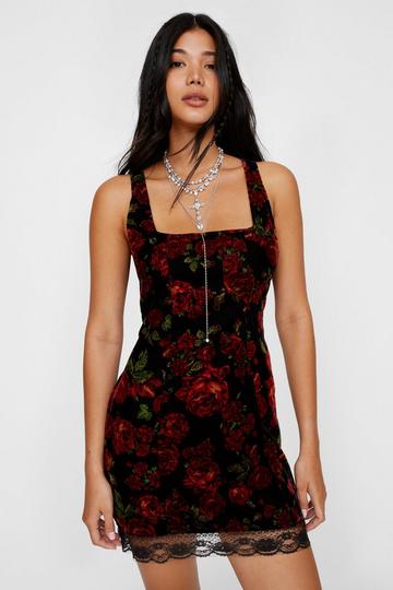 Velvet Rose Lace Trim Mini Dress black