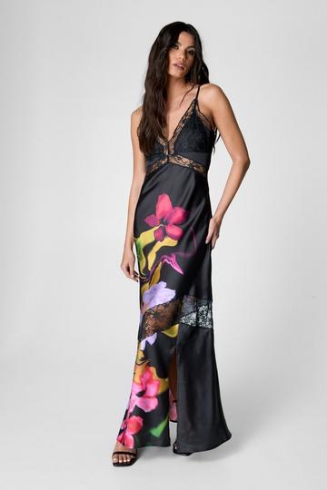 Black Satin Floral Lace Insert Maxi Dress