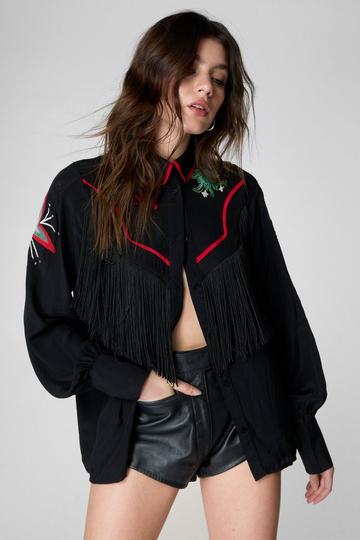 Conversational Embroidered Fringe Western Shirt black