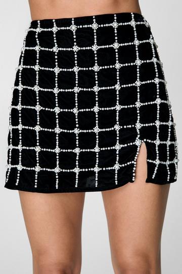 Pearl Embellished Velvet Side Split Mini Skirt black