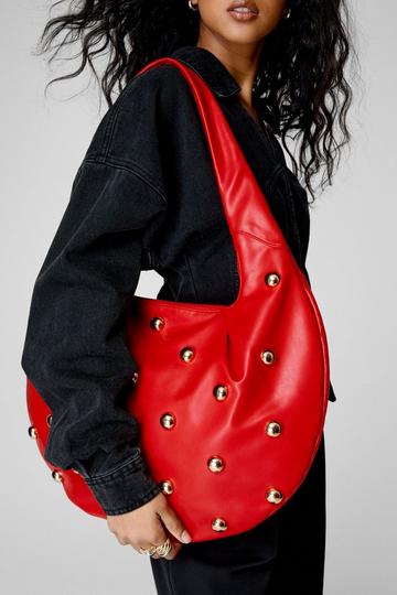 Faux Leather Dome Stud Slouchy Day Bag red