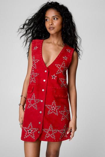 Red Premium Star Studded Suede Mini Dress