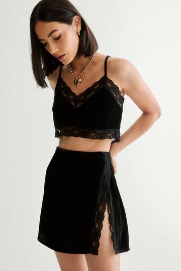 Velvet Lace Trim Split Mini Skirt black