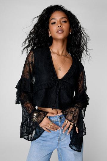 Lace Ruffle Tie Front Fluted Sleeve Top black