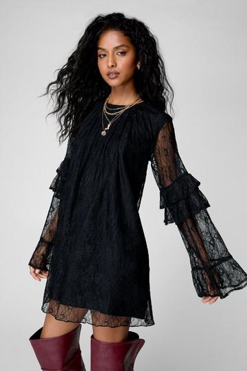 Lace Ruffle Fluted Sleeve Tunic Mini Dress black