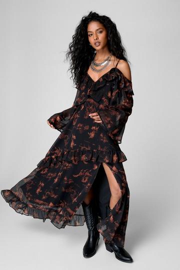 Black Stallion Print Cold Shoulder Ruffle Split Volume Maxi Dress