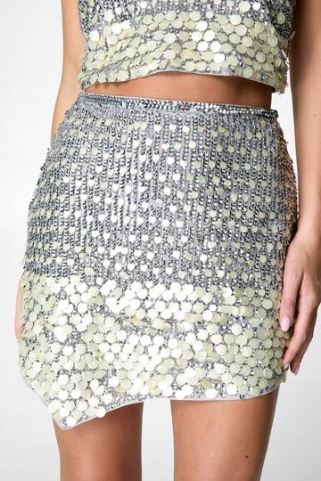 Limited Hand Embellished Mixed Sequin Asymmetric Mini Skirt silver