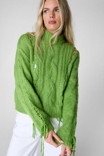 Cable Funnel Neck Lace Up Sweater green