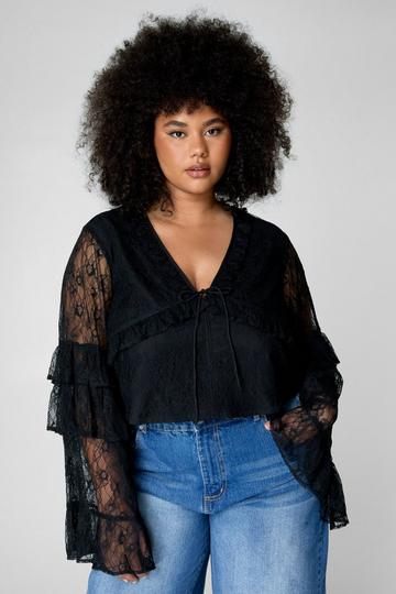 Black Plus Lace Ruffle Tie Front Fluted Sleeve Top