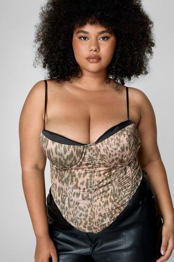 Plus Leopard Print Satin Cupped Corset Top brown