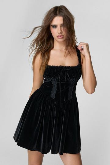 Velvet Lace Trim Corset Skater Dress black