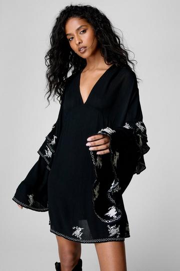 Crinkle Embroidered Ruffle Sleeve Plunge Tunic Dress black