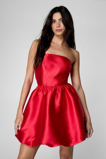 Satin Twill Bandeau Bubble Hem Mini Dress red