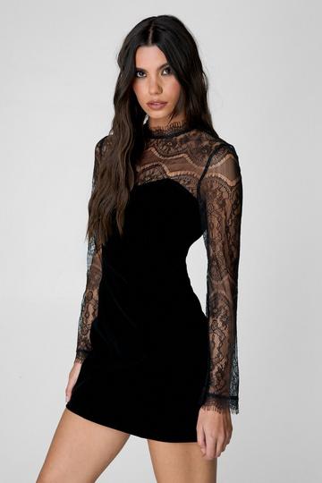 Velvet Lace Sleeve Structured Mini Dress black