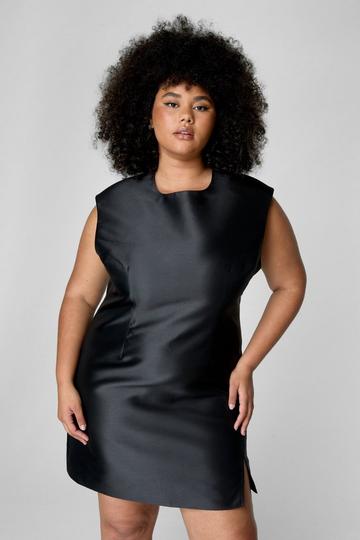 Black Plus Structured Satin Shoulder Pad Side Split Dress