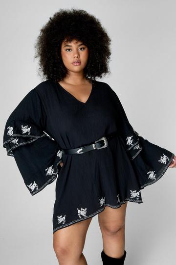 Plus Crinkle Embroidered Ruffle Sleeve Plunge Tunic Dress black