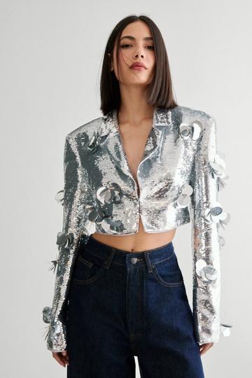 Limited Floral Embellished Sequin Blazer silver