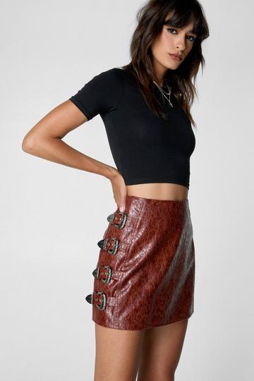 Distressed Faux Leather Buckle Detail Skirt rust