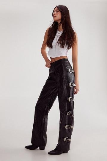 Black Distressed Faux Leather Buckle Detail Trouser