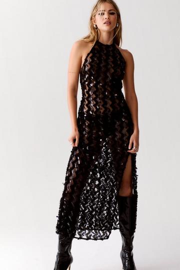 Sheer Zigzag Sequin Open Back Maxi Dress black